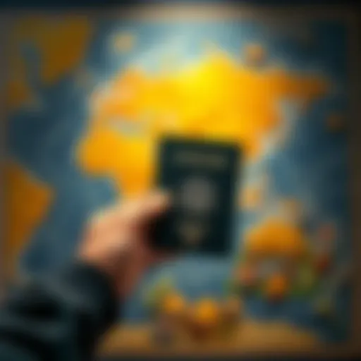 Individual displaying a passport next to a map of 40 land plots, symbolizing strategic planning for ownership and travel