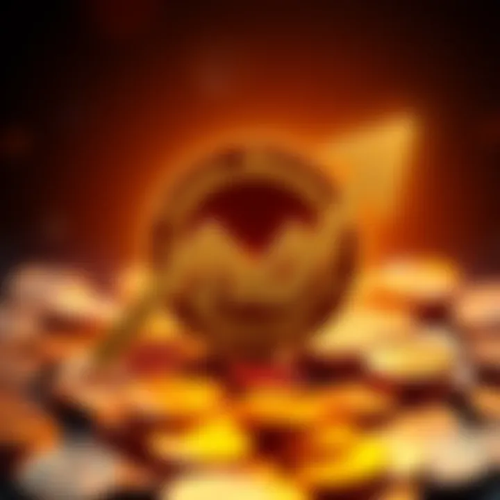 Patos Meme Coin logo with upward trend Patos Meme Coin logo surrounded by coins with an upward arrow, symbolizing growth and investment returns.