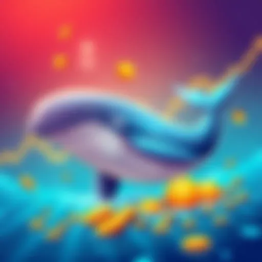 Illustration of a whale symbolizing large investors buying Patos Meme Coin, with digital coins and a rising graph in the background.