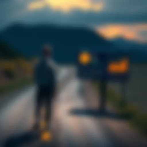 A person standing beside a freshly paved road while looking at a computer screen displaying Bitcoin mining stats.