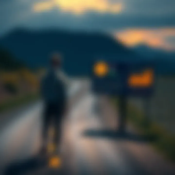 A person standing beside a freshly paved road while looking at a computer screen displaying Bitcoin mining stats.