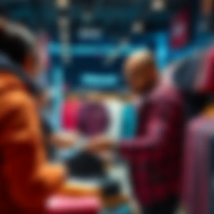 A clothing store cashier using the Pi Network payment system to process a transaction with a customer.