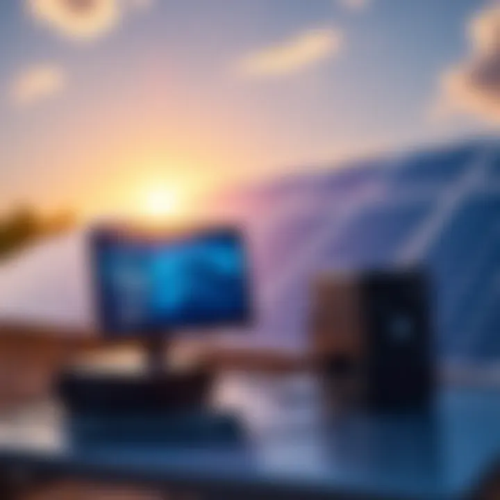 A desktop computer connected to solar panels with sunlight in the background