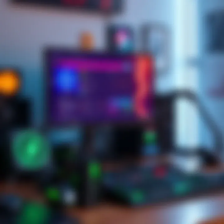 PC Setup for Idle Mining A desktop computer with a monitor displaying mining software, surrounded by gaming accessories and cryptocurrency graphics.