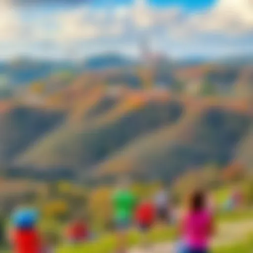A scenic view of Pennsylvania's rolling hills with a diverse group of people enjoying outdoor activities, showcasing local culture and community life.