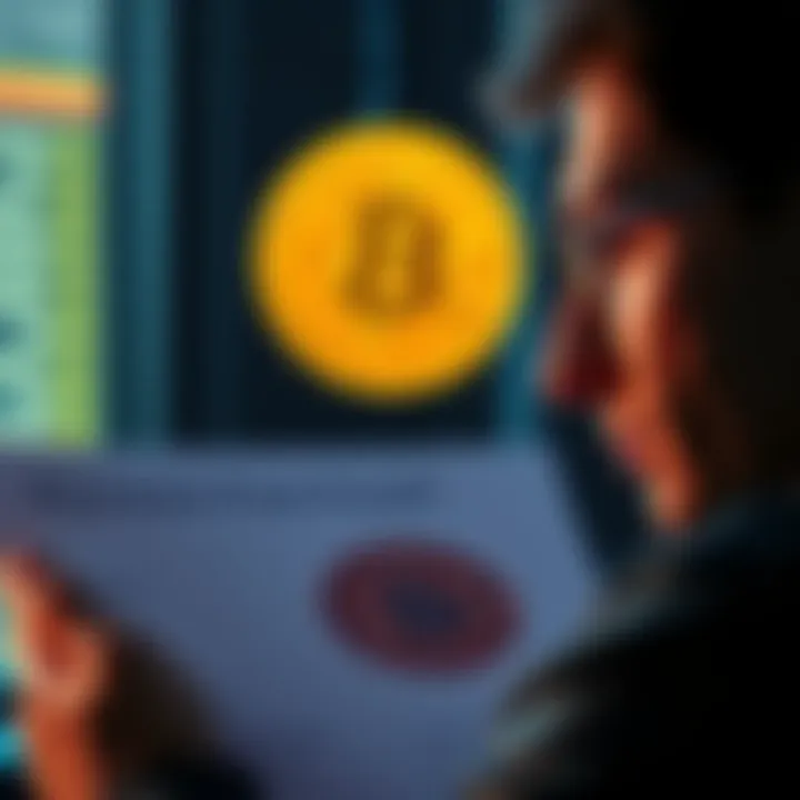 A person looking at a document with a Bitcoin symbol and a pension fund logo, expressing concern about their retirement savings.