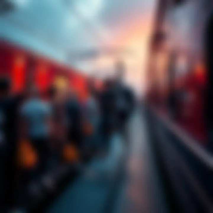 People boarding a train excitedly A group of people enthusiastically boarding a train, symbolizing collective effort and participation.