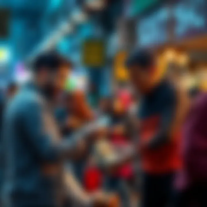 People cashing out crypto A group of people exchanging cryptocurrency for cash using P2P methods in a busy market setting.