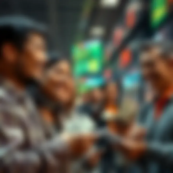 A group of individuals at a major exchange converting cryptocurrency to cash, showcasing smiles and relief as they complete transactions swiftly.