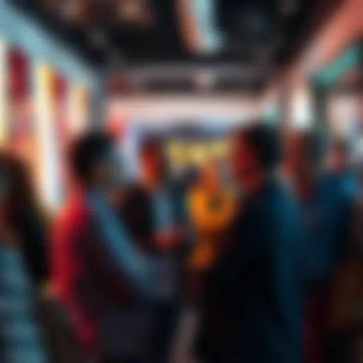 A group of people engaging in conversation about a new online forum, showing excitement and curiosity.