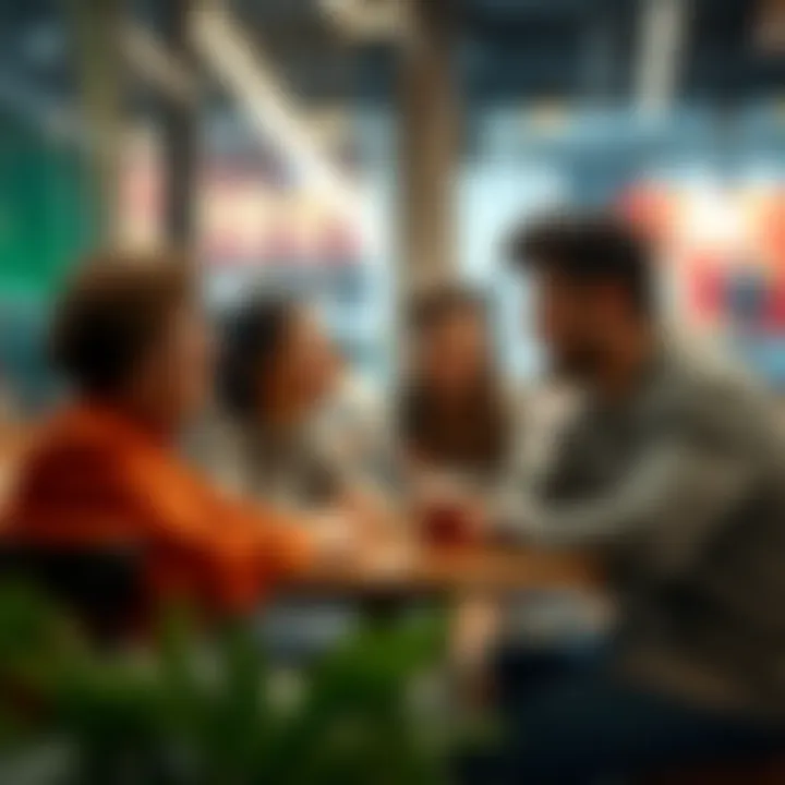 People Connecting A group of friends laughing and talking at a cafรฉ, showing genuine companionship.