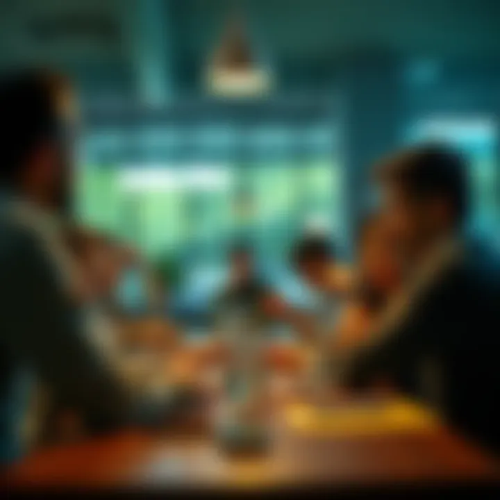 A group of people sitting at a table, talking and sharing ideas, showing connection and understanding