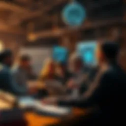 A group of people engaged in a lively discussion about intelligence levels in society, surrounded by books and technology