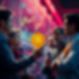 A group of people sharing opinions on Bitcoin prices during a market dip, with charts and graphs in the background.