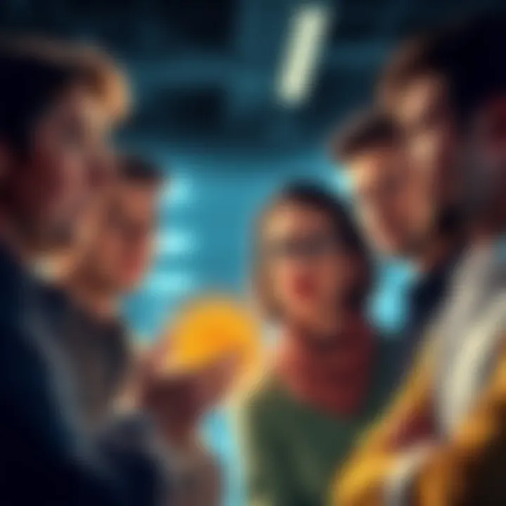 A group of people animatedly talking about Bitcoin market losses, showing expressions of confusion and disbelief.