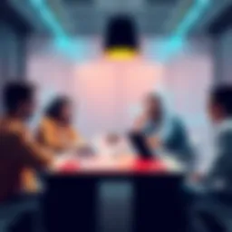 A group of people talking about cryptocurrency taxes at a table with laptops and papers