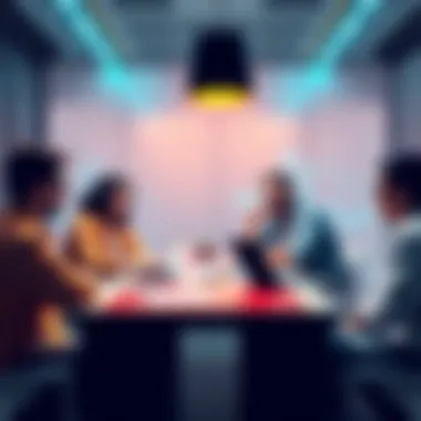 A group of people talking about cryptocurrency taxes at a table with laptops and papers