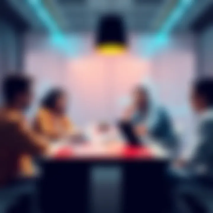 A group of people talking about cryptocurrency taxes at a table with laptops and papers