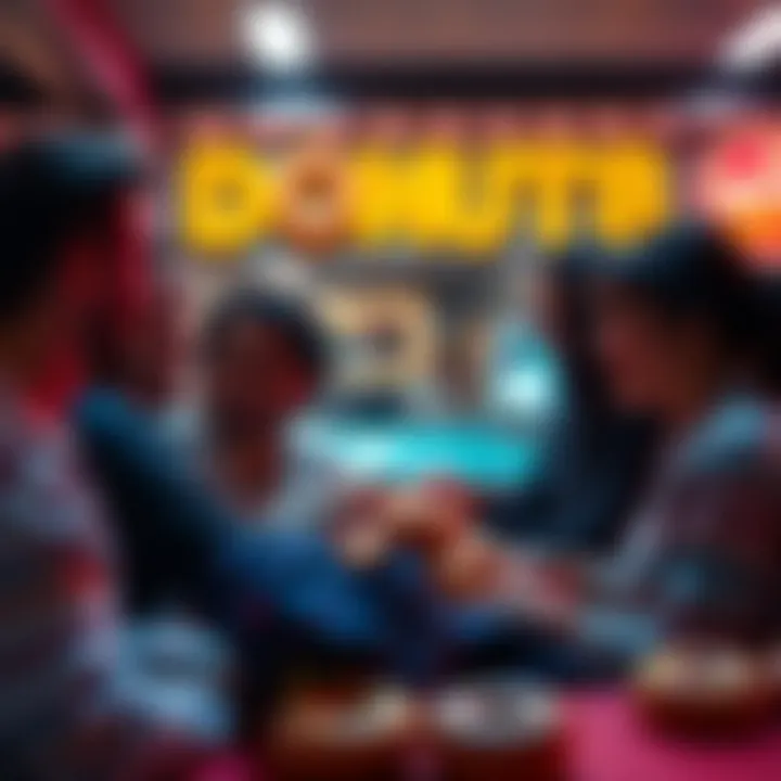 A group of people enjoying donuts and chatting in a lively setting