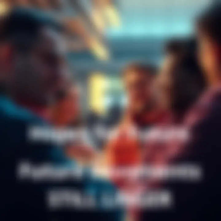 People discussing future developments A group of people engaged in conversation about future advancements, showing expressions of hope and optimism.