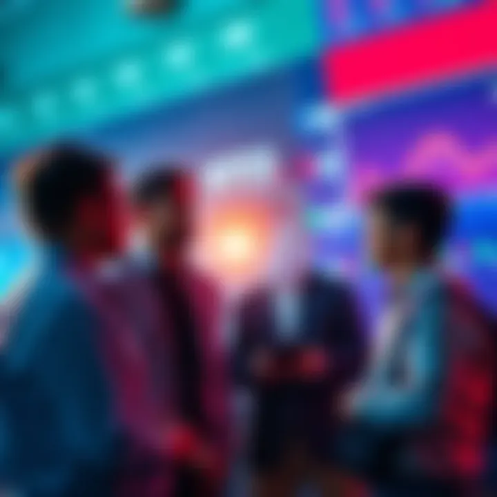 A group of people engaged in a conversation about investing in speculative assets, with financial charts displayed in the background.