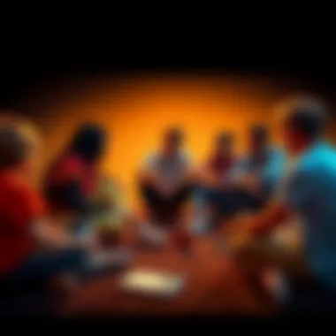 People discussing life's meaning A group of people sitting in a circle sharing their thoughts on the meaning of life, with a notebook and pens on the ground.