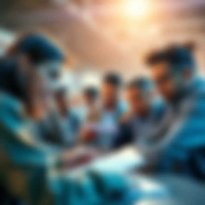 A diverse group of people reading and adding comments on a forum together