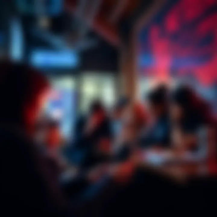 A group of people looking at their phones, reacting to viral social media trends while sitting in a cafe