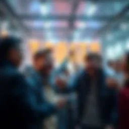 Group of people enthusiastically discussing cryptocurrency and stacking sats, showing joy and excitement