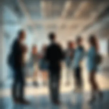 A diverse group of people discussing and analyzing new trends in a bright, open space