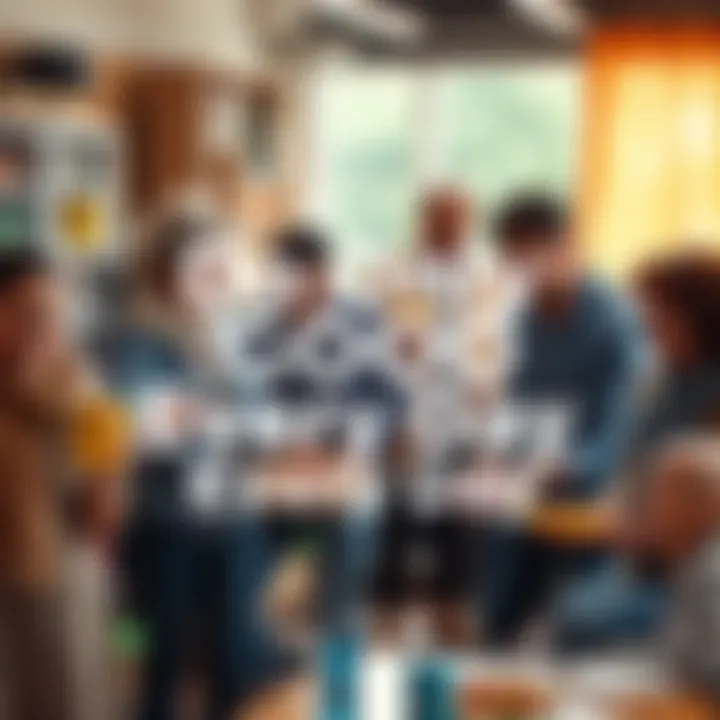 A group of diverse people performing acts of kindness, such as sharing food and helping the elderly in a community setting.