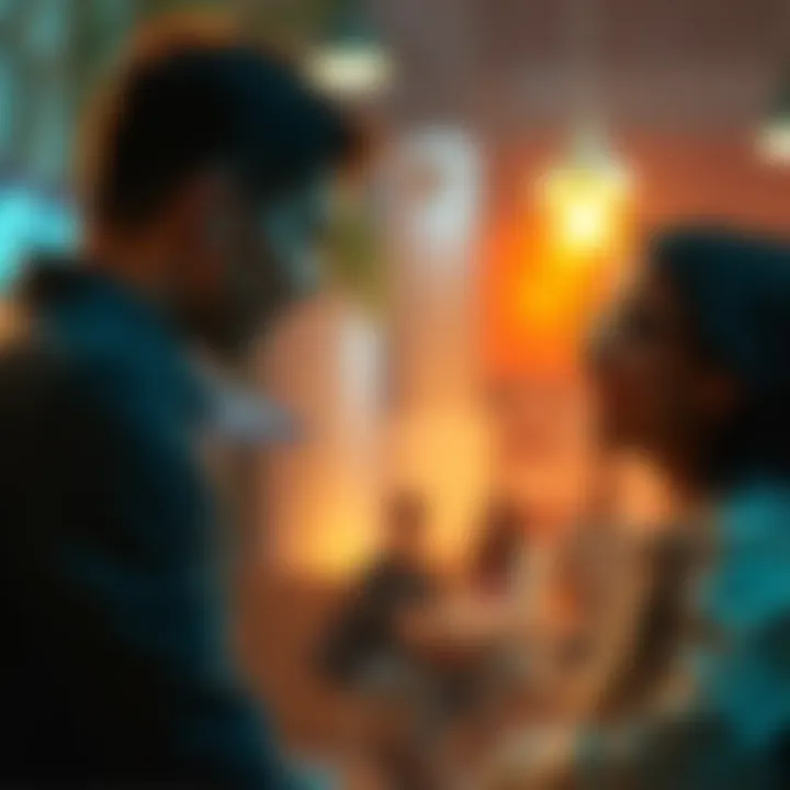 People in conversation Two people engaged in a conversation, one expressing surprise while the other responds with 'No, you're not'