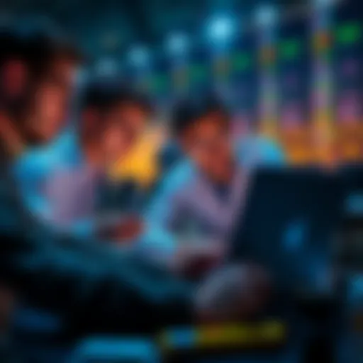 Individuals examining cryptocurrency charts on a laptop, discussing investment strategies for passive income.