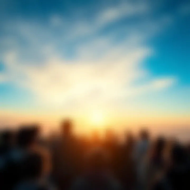 Group of diverse people gazing at a bright horizon, symbolizing hope and anticipation for future changes in society
