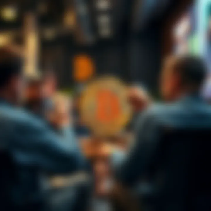 A group of people discussing Bitcoin strategies in a casual setting