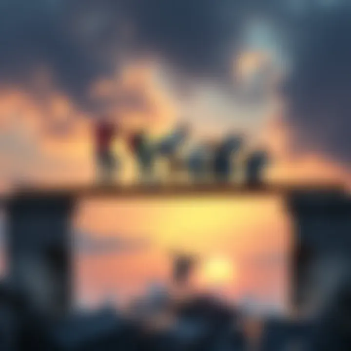 A group of diverse individuals working together to overcome a challenging structure, symbolizing teamwork and determination against odds.