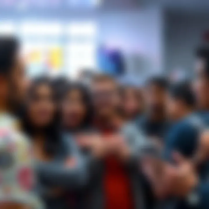 A diverse group of people discussing and reacting to shocking news in a public space, showcasing a mix of emotions.