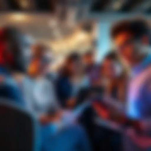 A diverse group of people participating in an online survey on their laptops and mobile devices.