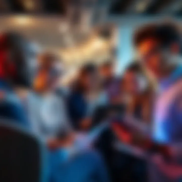 A diverse group of people participating in an online survey on their laptops and mobile devices.