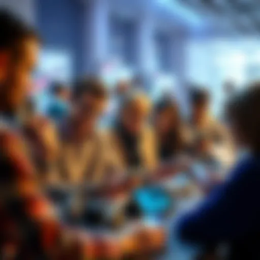 A group of people interacting with different digital devices, such as smartphones and laptops, while engaging in online forums.