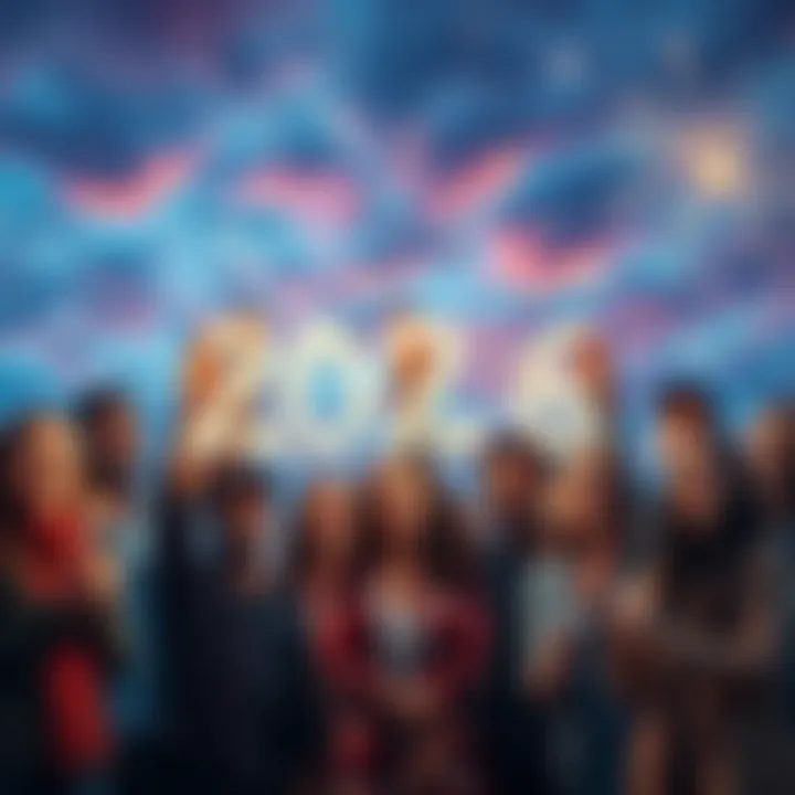 People Celebrating New Year A group of diverse people celebrating the arrival of 2026, smiling and holding sparklers under a colorful sky