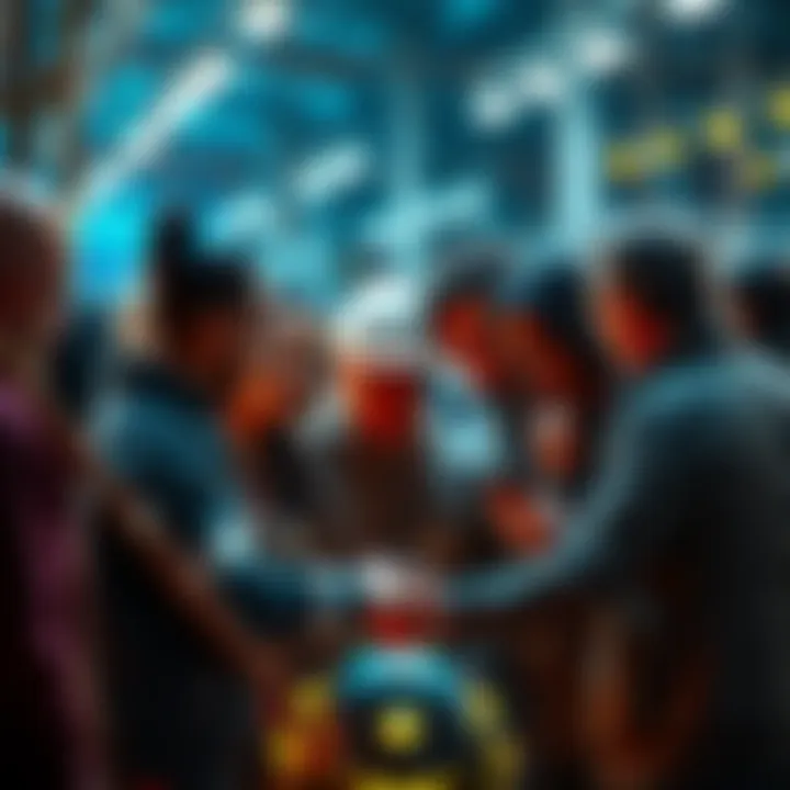 A diverse group of people working together, representing the human labor force in an AI-driven setting, showing teamwork and technology integration.