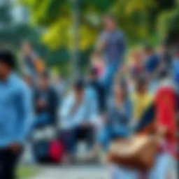 A group of diverse people engaged in various daily activities at a park, showcasing modern life and culture.