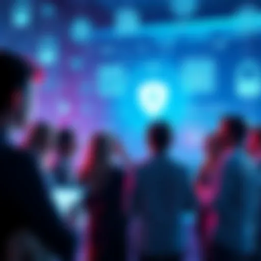 A group of people engaged in a conversation about digital privacy and trust, surrounded by technology symbols and graphics representing secure connections.