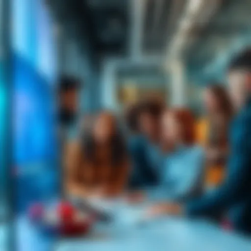 A group of diverse people engaged in a discussion about future trends and decision-making in a modern office setting.