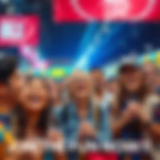 A group of people laughing and having fun at a colorful sale event with banners and signs promoting discounts