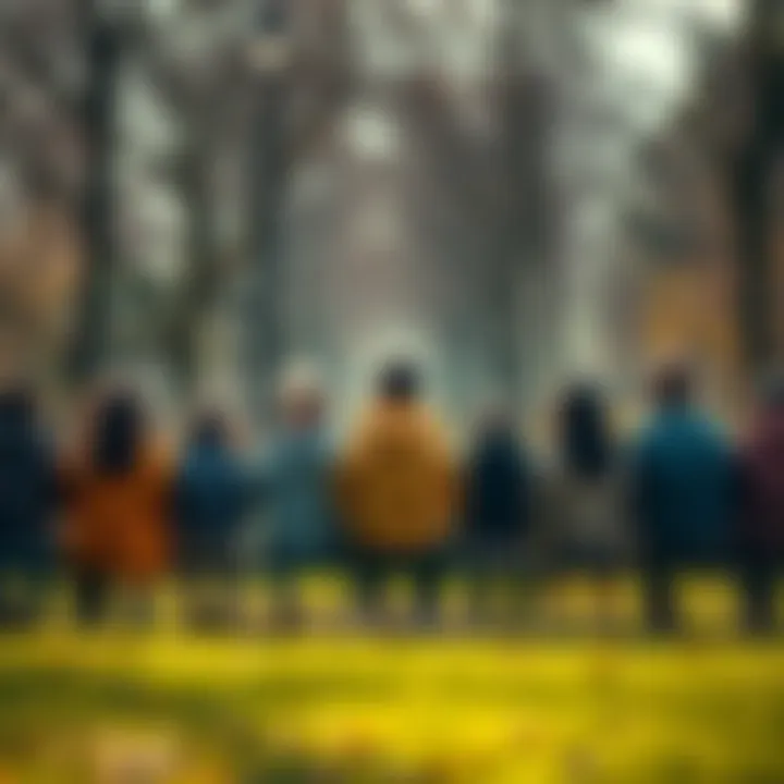 A group of diverse people sitting apart in a park, each lost in their thoughts, illustrating feelings of isolation.