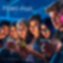 A group of friends looking at their phones with expressions of concern and longing, feeling the pressure of social interactions while missing out on an event.