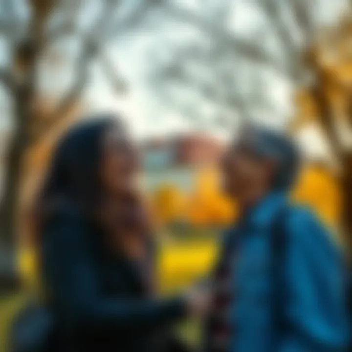 Two people smiling and saying good morning to each other in a sunny park