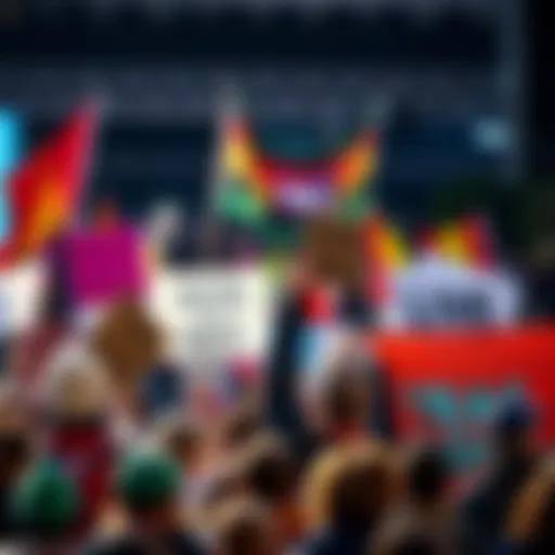 A diverse group of people holding colorful signs and banners at a rally, united for a common cause.